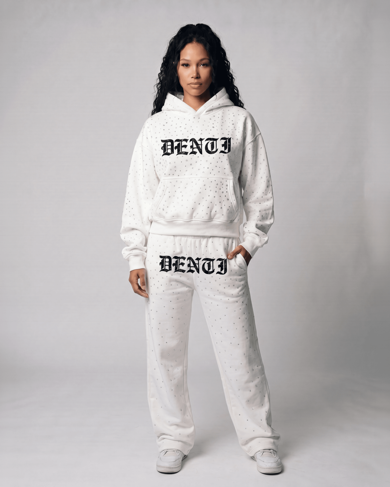 WHITE RHINESTONE HOODIE - Project Denti